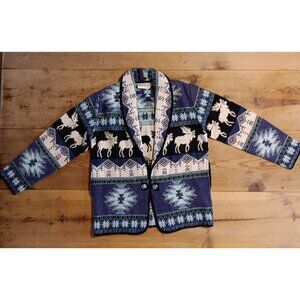 Vtg Flashback Southwest Moose Tapestry Jacket Womens S Aztec Blue Coat Blanket